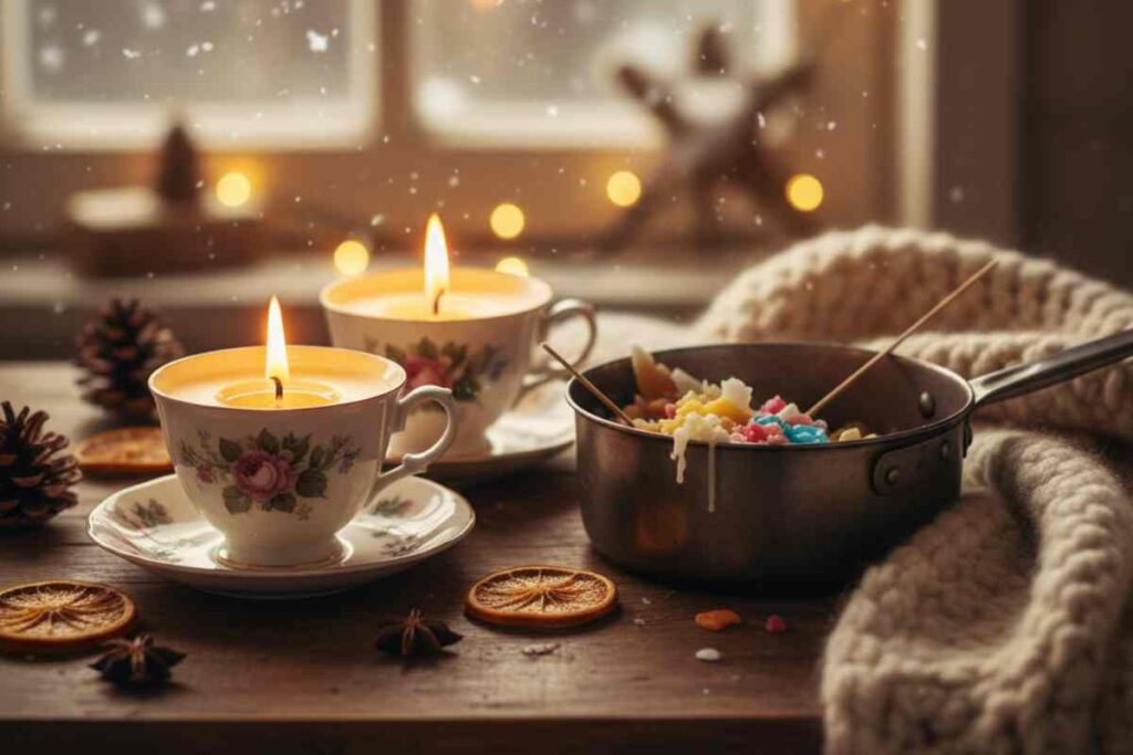 candele in tazzine da te e una pentola con cera sciolta dentro