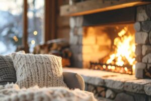 caminetto acceso in salotto e cuscini in primo piano