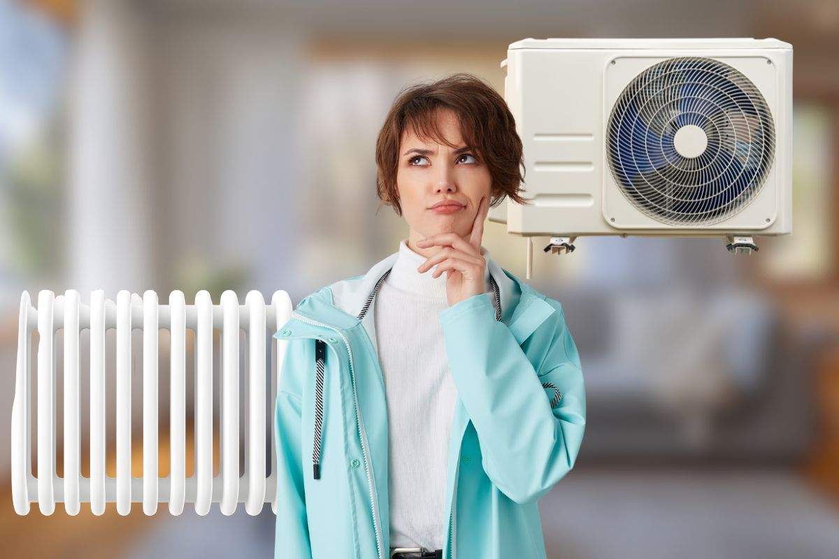 donna indecisa tra pompa di calore e riscaldamento